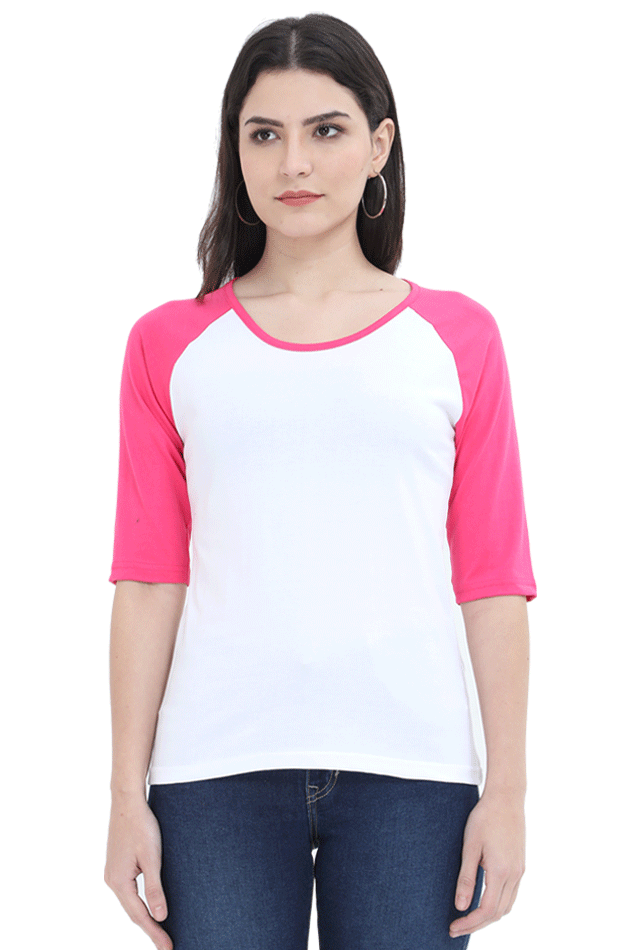 Female Raglan Full Sleeve T-Shirt - Pink and White Color Block