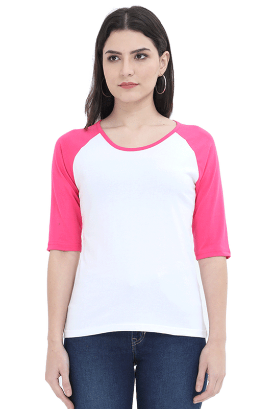 Female Raglan Full Sleeve T-Shirt - Pink and White Color Block